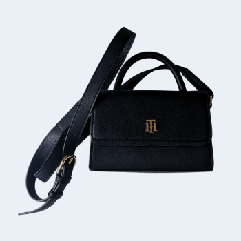 BOLSA CROSSBODY PRETA TRANSVERSAL E ALÇA DE MÃO FERRAGEM DOURADA XW03739 TOMMY HILFIGER