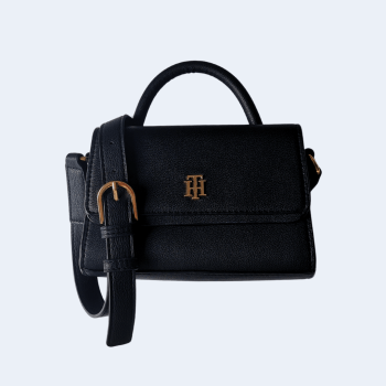 BOLSA CROSSBODY PRETA TRANSVERSAL E ALÇA DE MÃO FERRAGEM DOURADA XW03739 TOMMY HILFIGER