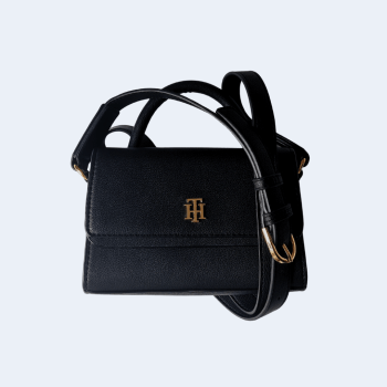 BOLSA CROSSBODY PRETA TRANSVERSAL E ALÇA DE MÃO FERRAGEM DOURADA XW03739 TOMMY HILFIGER