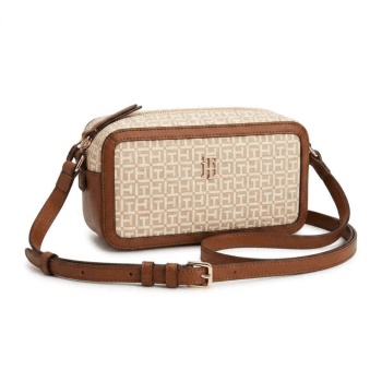 BOLSA CROSSBODY TRANSVERSAL BEGE COM MARROM LOGO XW09089 TOMMY HILFIGER