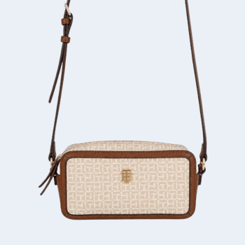 BOLSA CROSSBODY TRANSVERSAL BEGE COM MARROM LOGO XW09089 TOMMY HILFIGER