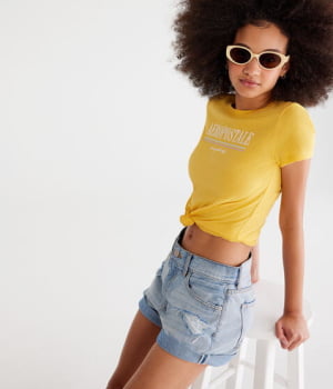 CAMISETA BLUSA FEMININA AEROPOSTALE AMARELA COM LOGO BRANCA