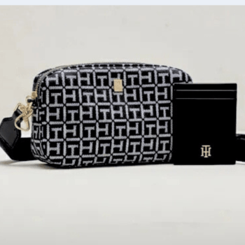 KIT BOLSA CROSSBODY TRANSVERSAL PRETA LOGO + PORTA CARTÕES PRETO LISO TOMMY HILFIGER