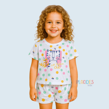 PIJAMA INFANTIL GATINHA DE OCULOS BRANCO COM BOLINHAS COLORIDAS
