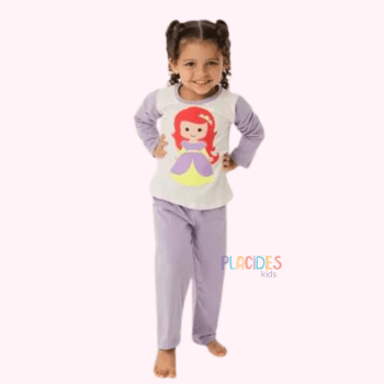 PIJAMA INFANTIL PRINCESA ARIEL LILAS COM MARFIM 