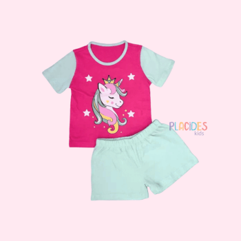 PIJAMA INFANTIL UNICORNIO ROSA COM VERDE