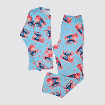 PIJAMA INVERNO INFANTIL AZUL STITCH E FLAMINGO