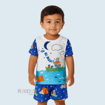 PIJAMA INFANTIL URSO NO ACAMPAMENTO AZUL E BRANCO