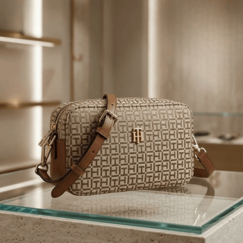 BOLSA CROSSBODY TRANSVERSAL BEGE COM MARROM COM LOGO XW09180 TOMMY HILFIGER