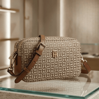 BOLSA CROSSBODY TRANSVERSAL BEGE COM MARROM COM LOGO XW09180 TOMMY HILFIGER