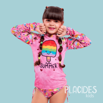 BIQUINI INFANTIL VERÃO COM MANGA LONGA E PROTEÇÃO UV PICOLÉ COLORIDO