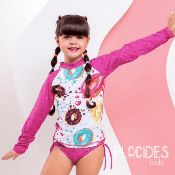 BIQUINI INFANTIL VERÃO COM MANGA LONGA E PROTEÇÃO UV ROSA DOCES DONUTS