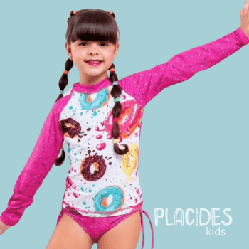 BIQUINI INFANTIL VERÃO COM MANGA LONGA E PROTEÇÃO UV ROSA DOCES DONUTS