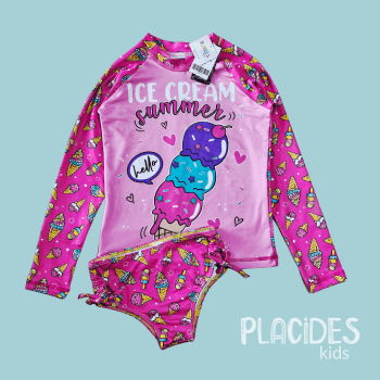 BIQUINI INFANTIL VERÃO COM MANGA LONGA E PROTEÇÃO UV ROSA ICE CREAM SUMMER