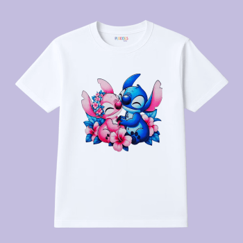 BLUSA T-SHIRT MANGA CURTA INFANTIL BRANCA ANGEL E STITCH