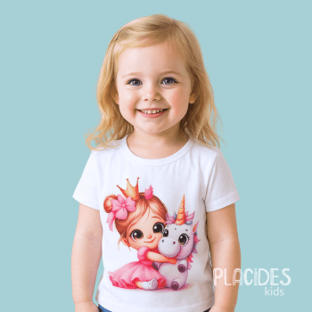 BLUSA T-SHIRT MANGA CURTA INFANTIL BRANCA BAILARINA E UNICORNIO