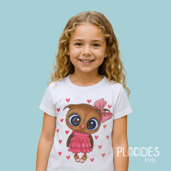 BLUSA T-SHIRT MANGA CURTA INFANTIL BRANCA CORUJINHA LACINHO