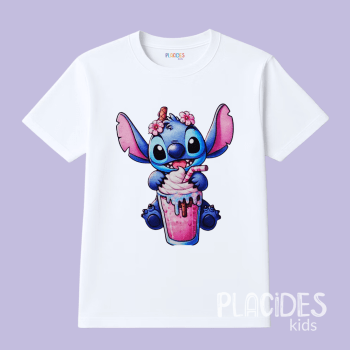 BLUSA T-SHIRT MANGA CURTA INFANTIL BRANCA STITCH MILK SHAKE