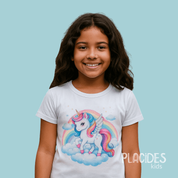BLUSA T-SHIRT MANGA CURTA INFANTIL BRANCA UNICORNIO ARCO IRIS