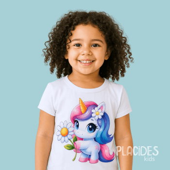 BLUSA T-SHIRT MANGA CURTA INFANTIL BRANCA UNICORNIO MARGARIDA