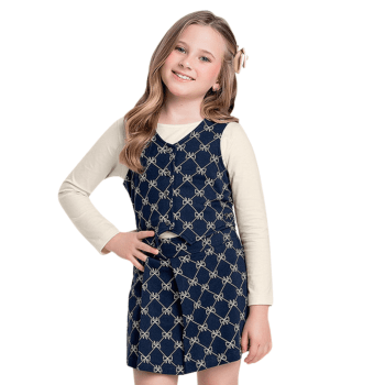 CONJUNTO INFANTIL 3 PEÇAS COM SHORT SAIA, BLUSA MANGA LONGA E COLETE MARINHO LACINHOS FAKINI