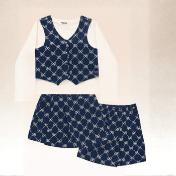 CONJUNTO INFANTIL 3 PEÇAS COM SHORT SAIA, BLUSA MANGA LONGA E COLETE MARINHO LACINHOS FAKINI