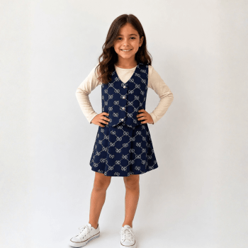 CONJUNTO INFANTIL 3 PEÇAS COM SHORT SAIA, BLUSA MANGA LONGA E COLETE MARINHO LACINHOS FAKINI