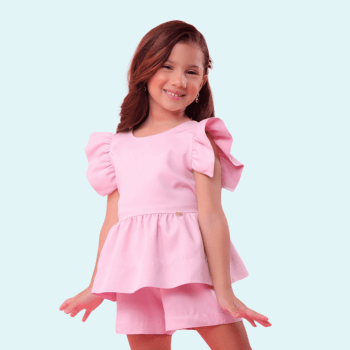 CONJUNTO INFANTIL ALFAIATARIA LUXO ALANA LISO ROSA CLARO