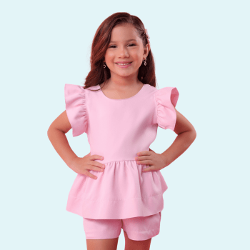 CONJUNTO INFANTIL ALFAIATARIA LUXO ALANA LISO ROSA CLARO