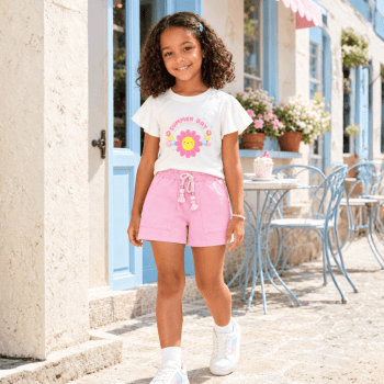CONJUNTO INFANTIL FLORZINHA ROSA SUMMER DAY POMPOM