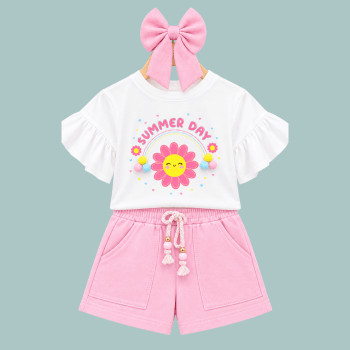 CONJUNTO INFANTIL FLORZINHA ROSA SUMMER DAY POMPOM