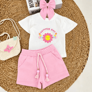 CONJUNTO INFANTIL FLORZINHA ROSA SUMMER DAY POMPOM