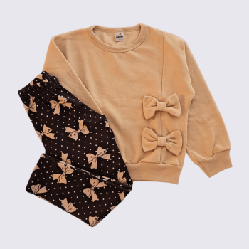 CONJUNTO INFANTIL ROHMI INVERNO COM TECIDO PELUCIADO CARAMELO LACINHOS