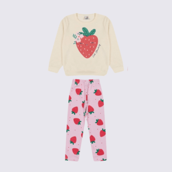 CONJUNTO INFANTIL ROHMI INVERNO COM TECIDO PELUCIADO MORANGUINHO CREME