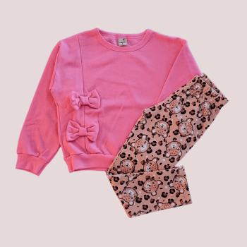 CONJUNTO INFANTIL ROHMI INVERNO COM TECIDO PELUCIADO ROSA LACINHOS