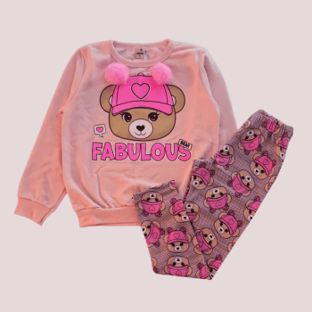 CONJUNTO INFANTIL ROHMI INVERNO COM TECIDO PELUCIADO URSINHA POMPOM ROSA