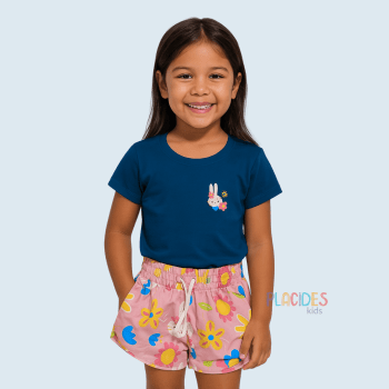 CONJUNTO INFANTIL VERÃO AZUL COM ROSA COELHINHA