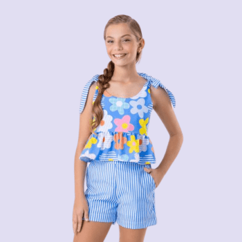 CONJUNTO INFANTIL VERÃO AZUL COM LISTRAS E FLORES