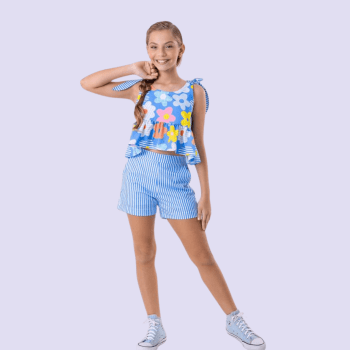 CONJUNTO INFANTIL VERÃO AZUL COM LISTRAS E FLORES