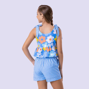 CONJUNTO INFANTIL VERÃO AZUL COM LISTRAS E FLORES