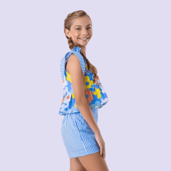 CONJUNTO INFANTIL VERÃO AZUL COM LISTRAS E FLORES