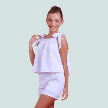 CONJUNTO INFANTIL VERÃO BRANCO ALÇAS DE LAÇO