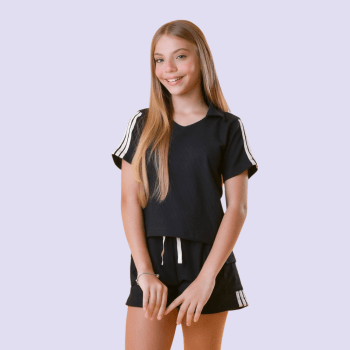 CONJUNTO INFANTIL VERÃO EM MALHA CANELADA PRETA COM LISTRAS BRANCAS