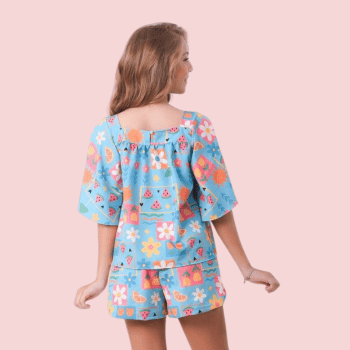 CONJUNTO INFANTIL VERÃO MAYA VERDE AGUA COM ESTAMPA FLORES E FRUTINHAS