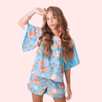 CONJUNTO INFANTIL VERÃO MAYA VERDE AGUA COM ESTAMPA FLORES E FRUTINHAS