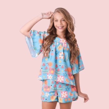 CONJUNTO INFANTIL VERÃO MAYA VERDE AGUA COM ESTAMPA FLORES E FRUTINHAS