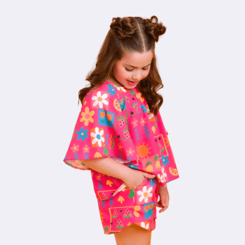 CONJUNTO INFANTIL VERÃO MAYA PINK COM ESTAMPA FLORES E FRUTINHAS