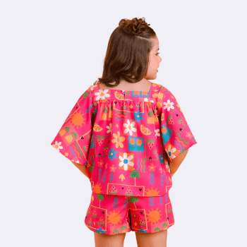 CONJUNTO INFANTIL VERÃO MAYA PINK COM ESTAMPA FLORES E FRUTINHAS