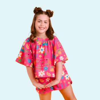 CONJUNTO INFANTIL VERÃO MAYA PINK COM ESTAMPA FLORES E FRUTINHAS