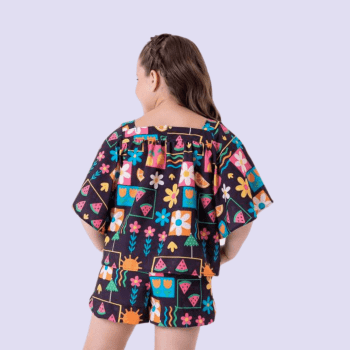 CONJUNTO INFANTIL VERÃO MAYA PRETO COM ESTAMPA FLORES E FRUTINHAS